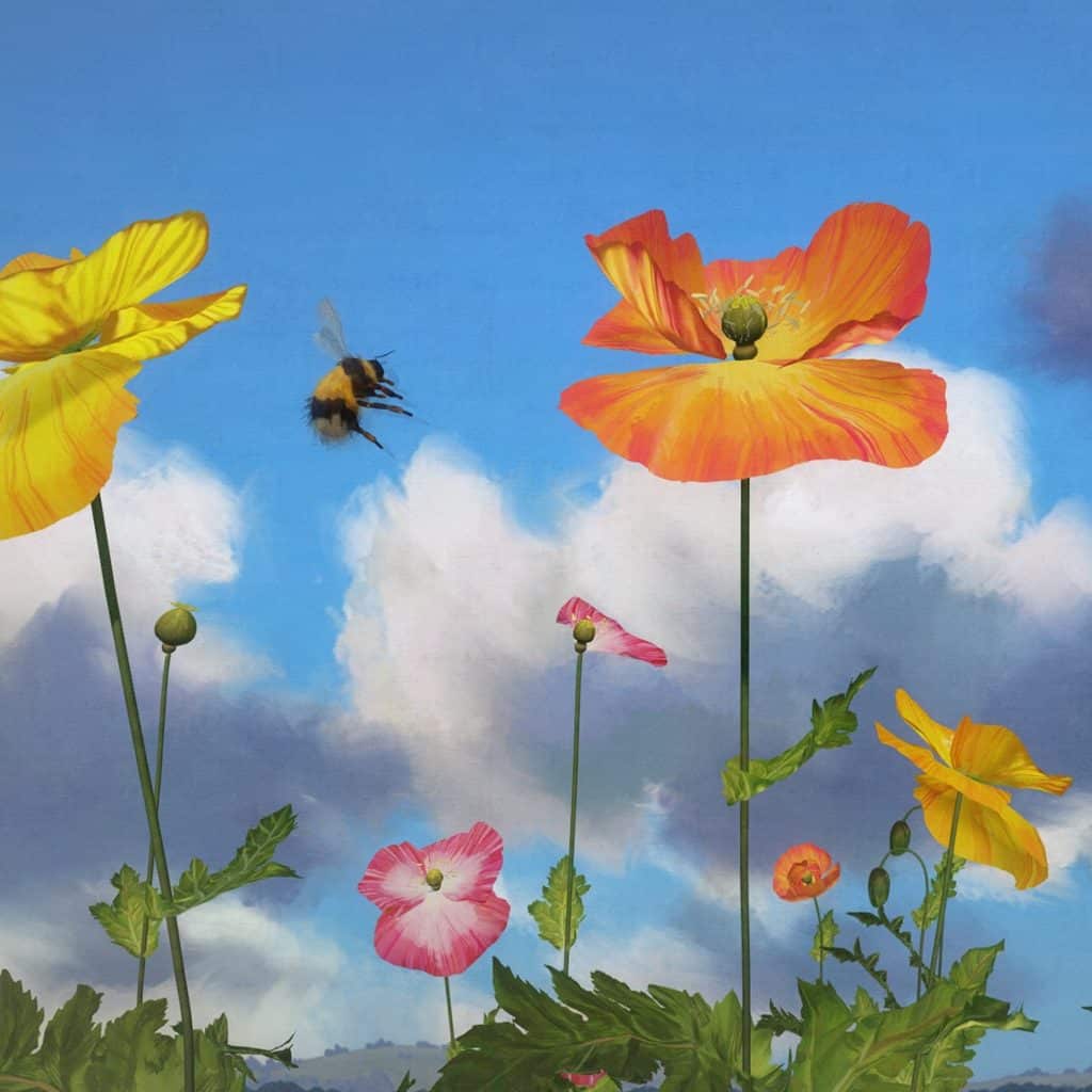 Still from Poppy, 2022, by Ignasi Monreal. The flowers, skies and insects in Monreal's AI-powered digital paintings change in response to fluctuations in cryptocurrency market.