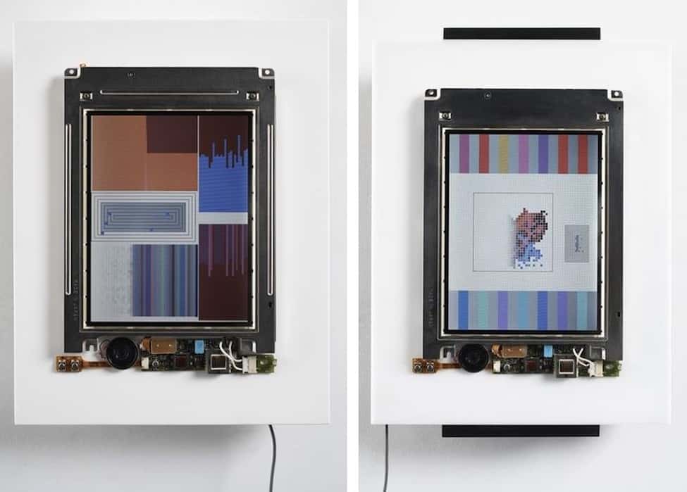 Color Panel v1.0 (left) and CPU, both 1999, are examples of Simon's early “art appliances,” sculptural wall works with LCD screens .